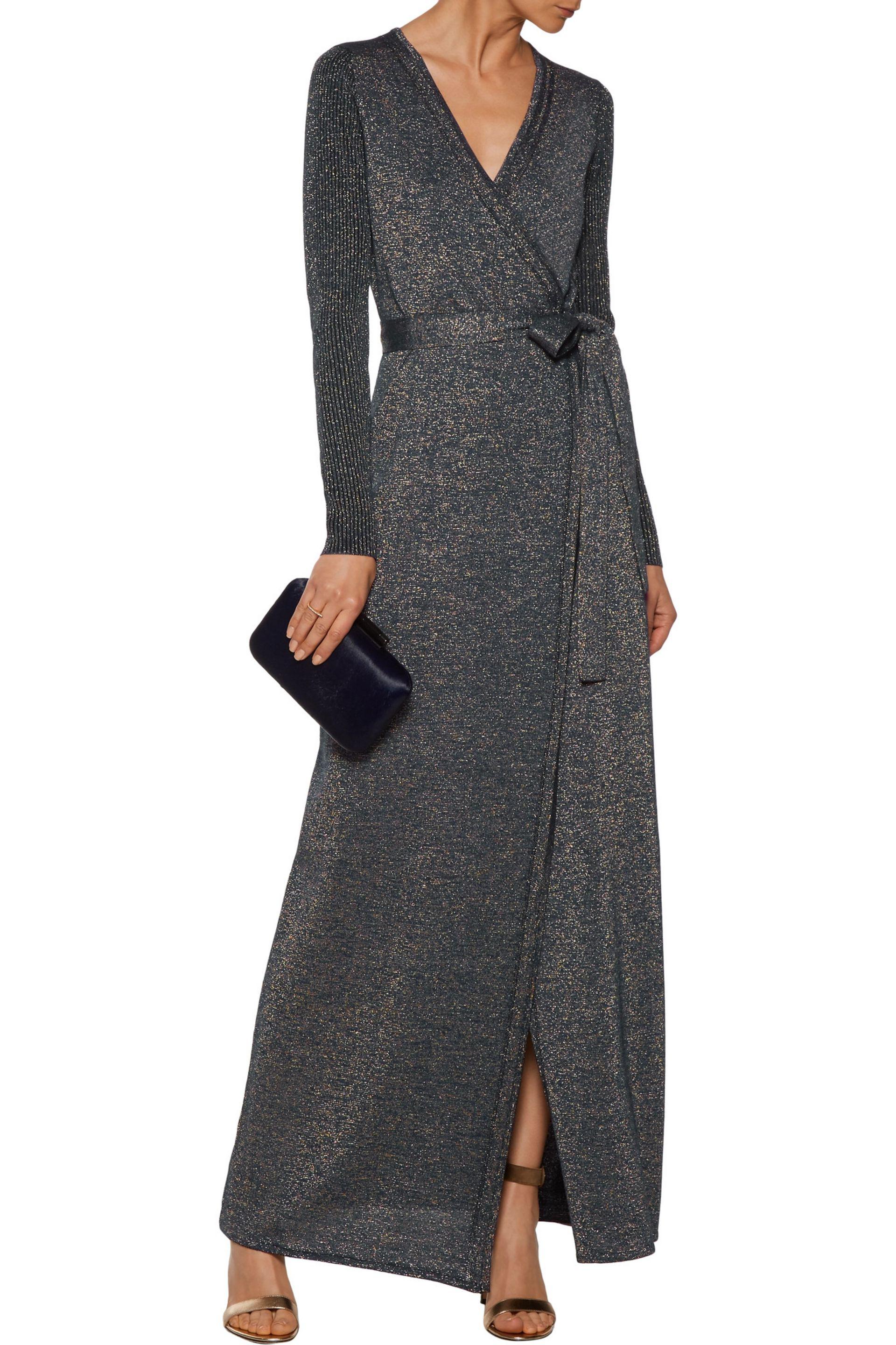Diane von Furstenberg Evelyn Metallic Wool-blend Wrap Maxi Dress in Gray |  Lyst
