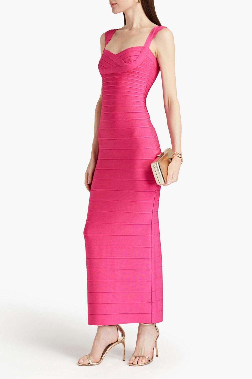 Herve Leger Pink/Gold Bandage Knit Long Dress XS Herve Leger