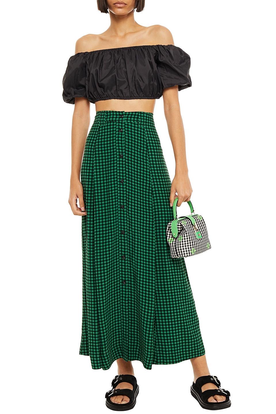 Ganni Gingham Crepe Maxi Skirt in Green | Lyst