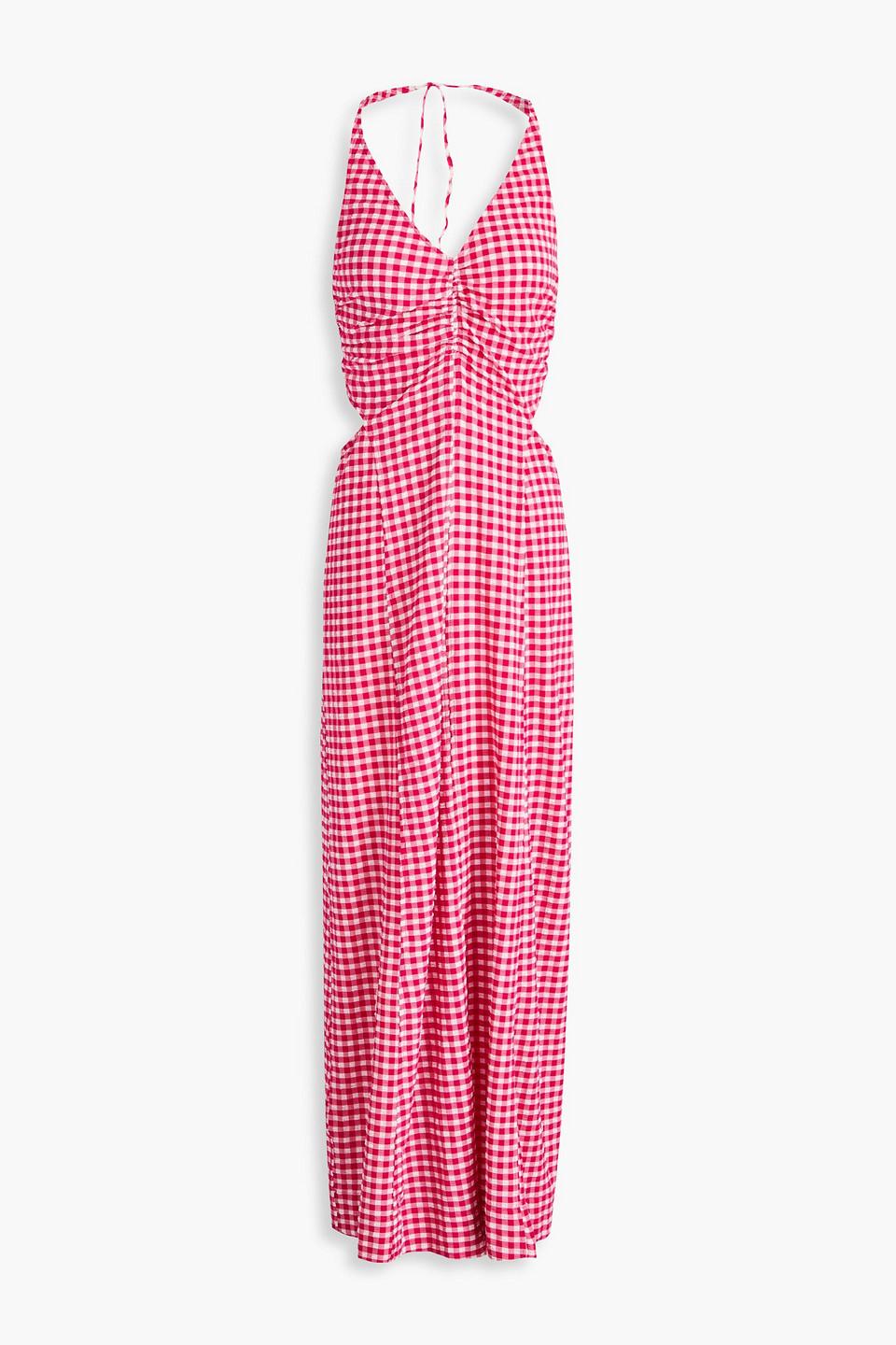 Ganni Ruched Gingham Stretch-seersucker Maxi Dress in Pink