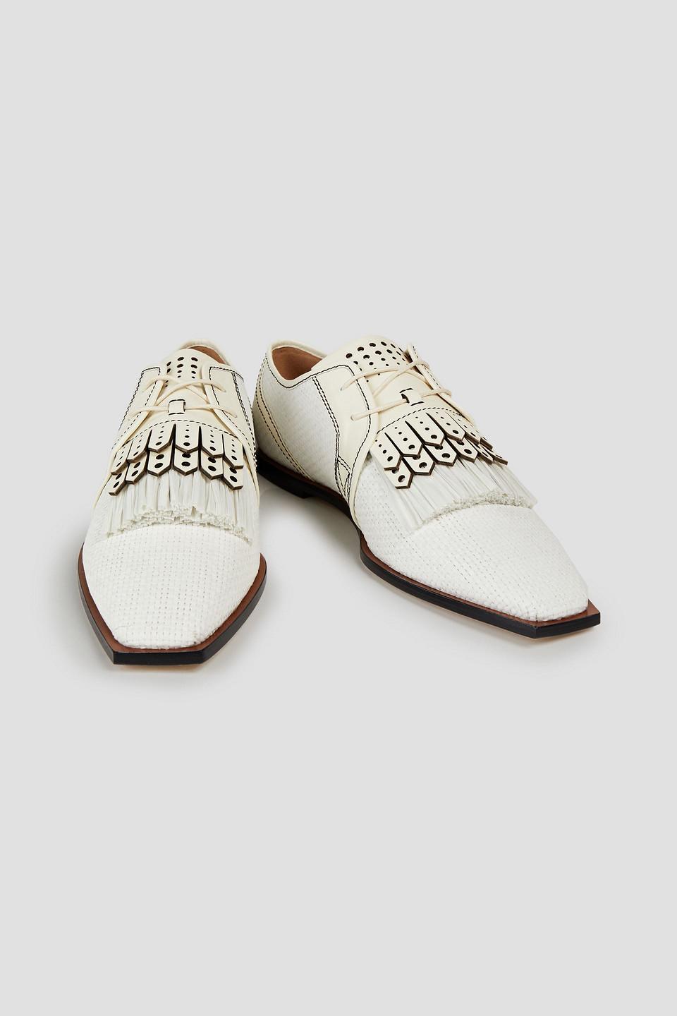 Zimmermann Fringed Leather-trimmed Raffia Brogues in White | Lyst