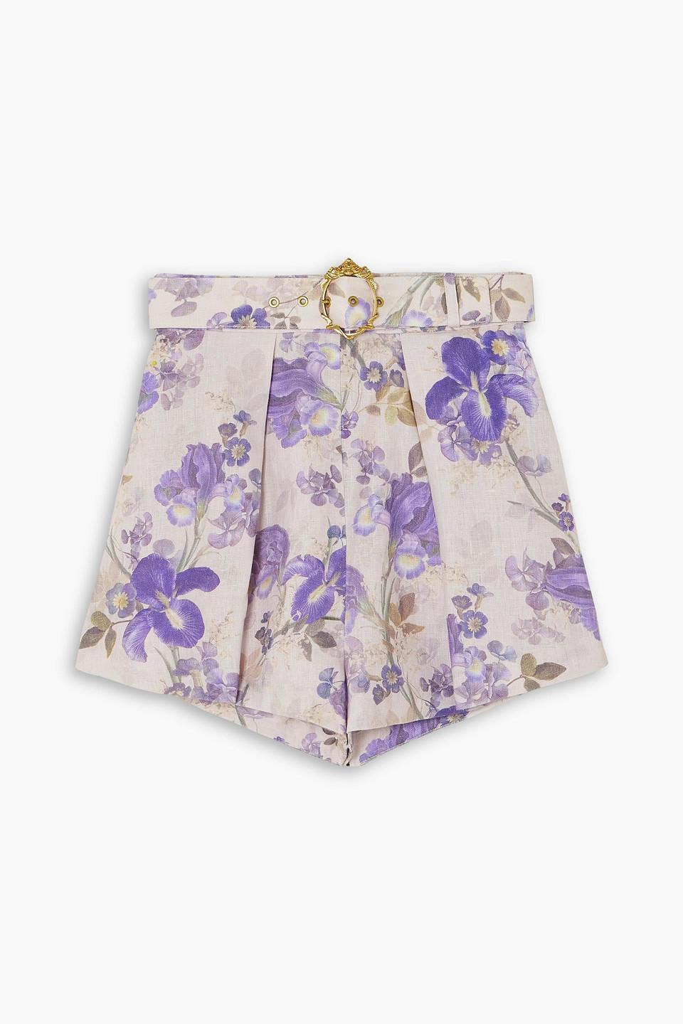 Zimmermann Lyrical Belted Pleated Floral-print Linen Shorts