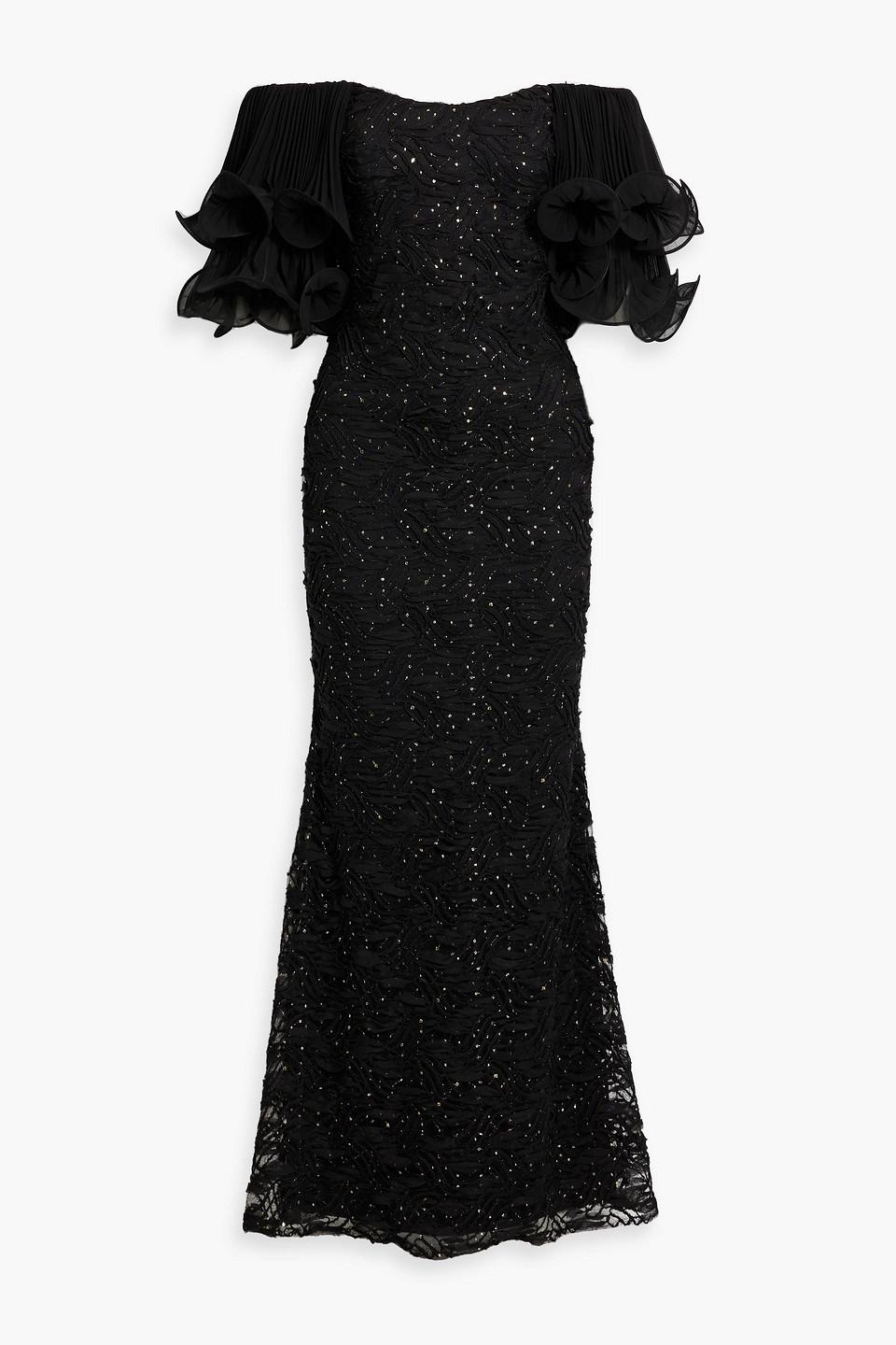 plus size little black mini dress Badgley Mischka black, navy, and plum floral sequin dress, size 6 main image 0