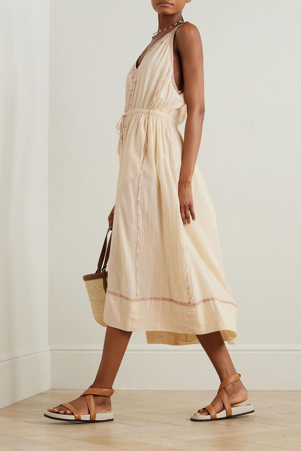 Isabel Marant Siana Belted Embroidered Cotton-gauze Midi Dress in Natural |  Lyst