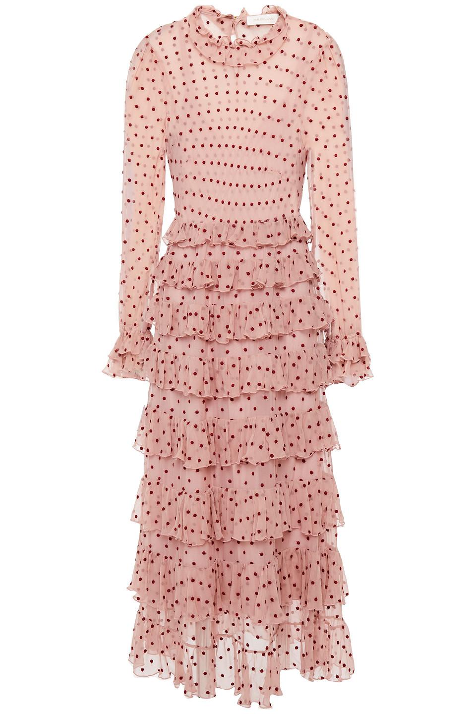 Zimmermann Wavelength Tiered Swiss-dot Silk-georgette Midi Dress in Pink |  Lyst