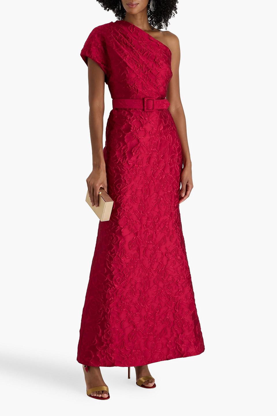 badgley mischka red one shoulder dress Badgley Mischka Collection Pleated One-Shoulder Midi Dress