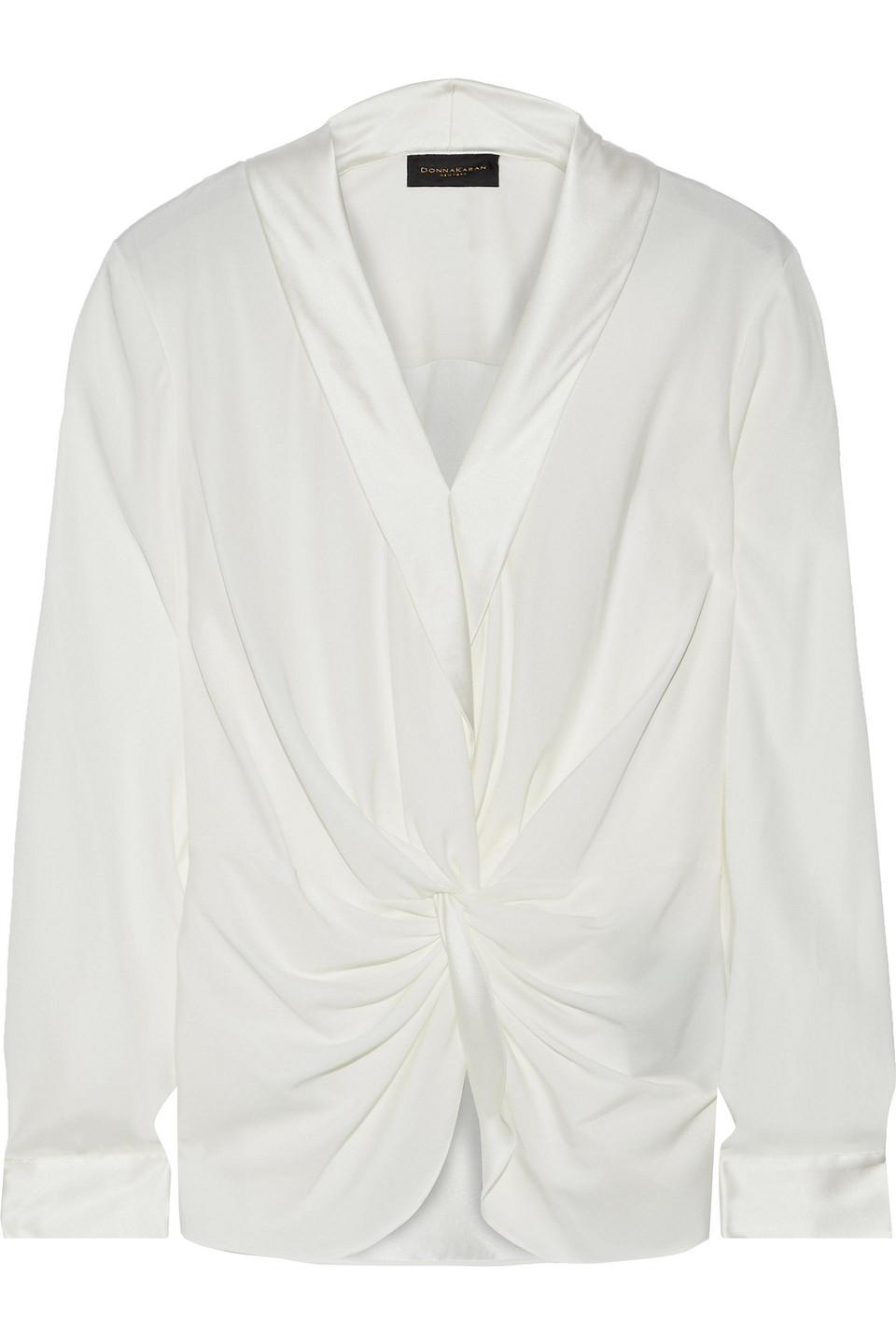 Donna Karan Satin-trimmed Twist-front Silk-blend Blouse Ivory in White ...