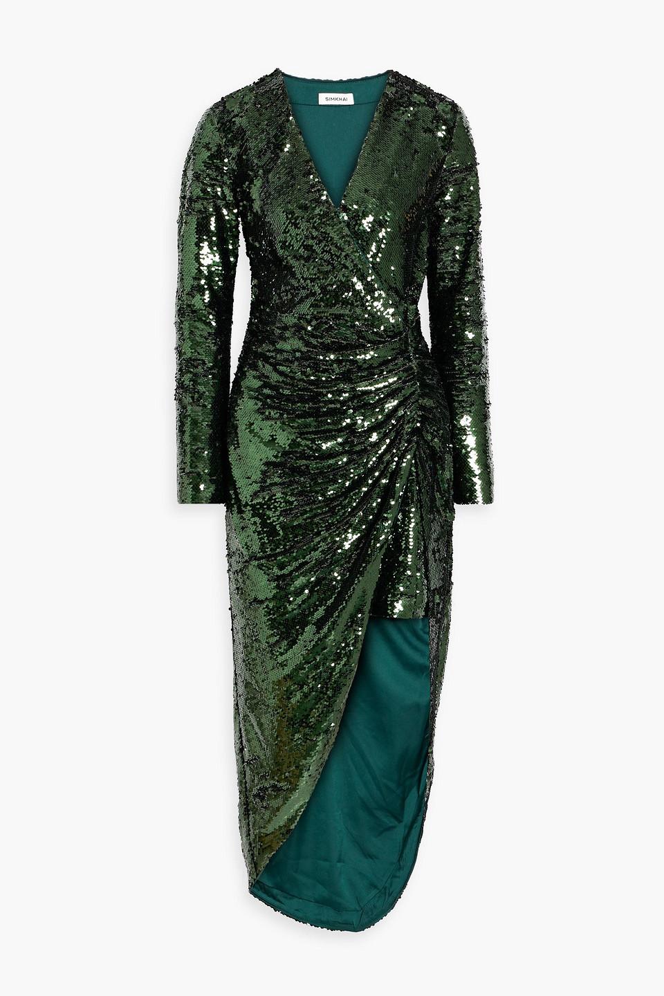 jonathan simkhai sequin wrap dress Jonathan Simkhai Emersyn Ruched Sequined Tulle Midi Dress in Green