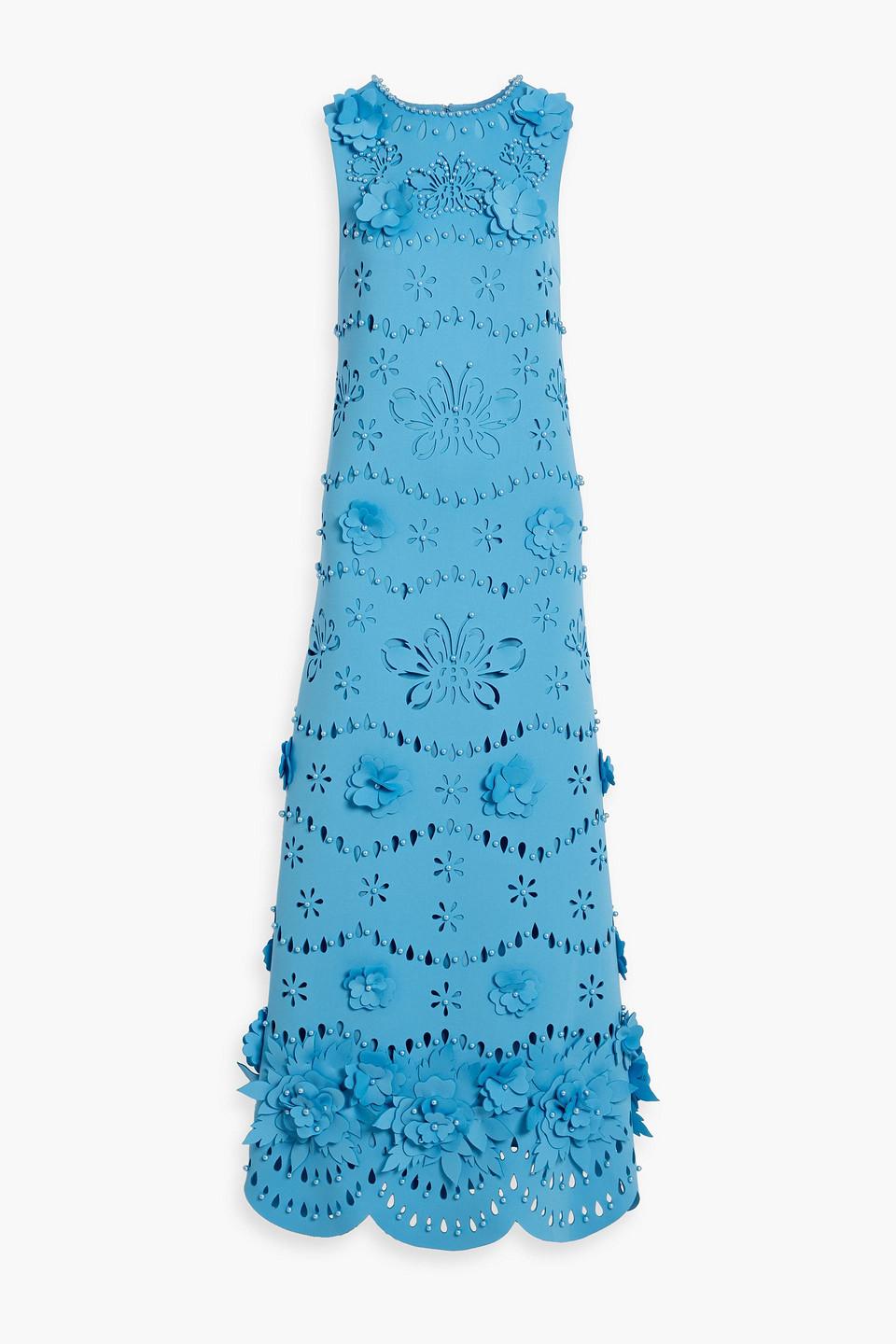 badgley mischka laser-cut floral fit-&-flare dress Badgley Mischka Floral-appliqud Laser-cut Scuba Gown in Blue