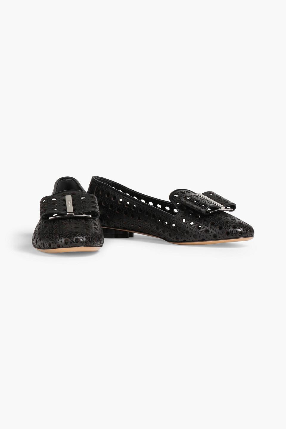 Ferragamo Bow-embellished Laser-cut Leather Loafers in Black Womens Shoes Flats and flat shoes Ballet flats and ballerina shoes 