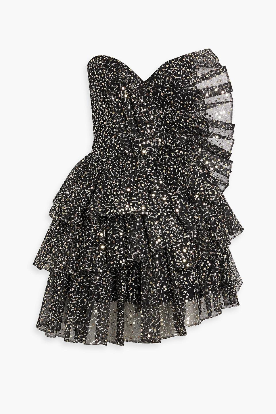 Rasario Strapless Ruffled Sequined Tulle Mini Dress in Black | Lyst