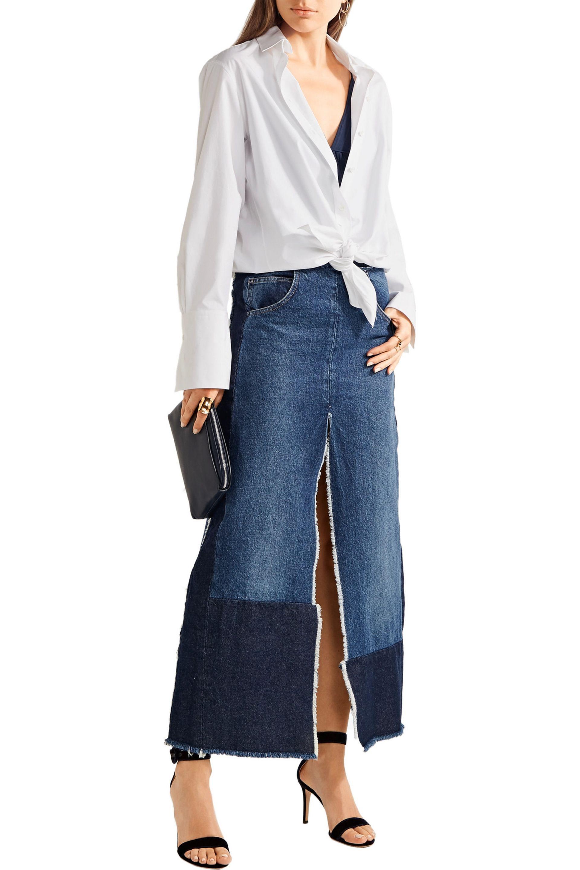patchwork denim maxi skirt