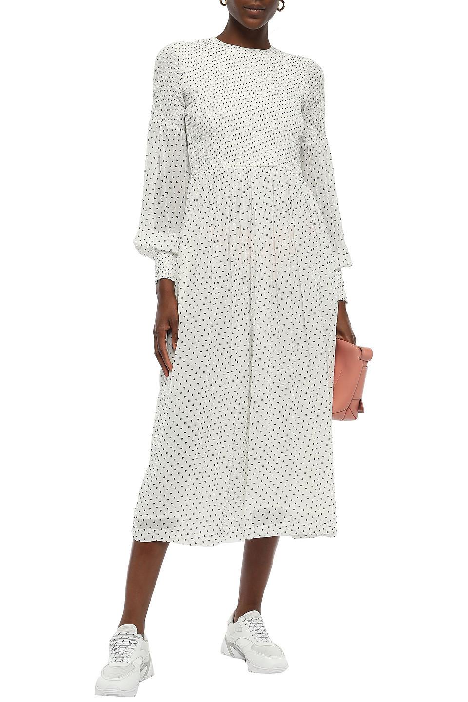 Ganni Synthetic Rometty Shirred Polka-dot Georgette Midi Dress Ivory in  White - Lyst
