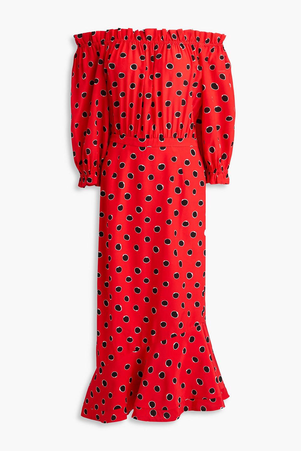 Saloni Grace Off-the-shoulder Polka-dot Silk Crepe De Chine Midi