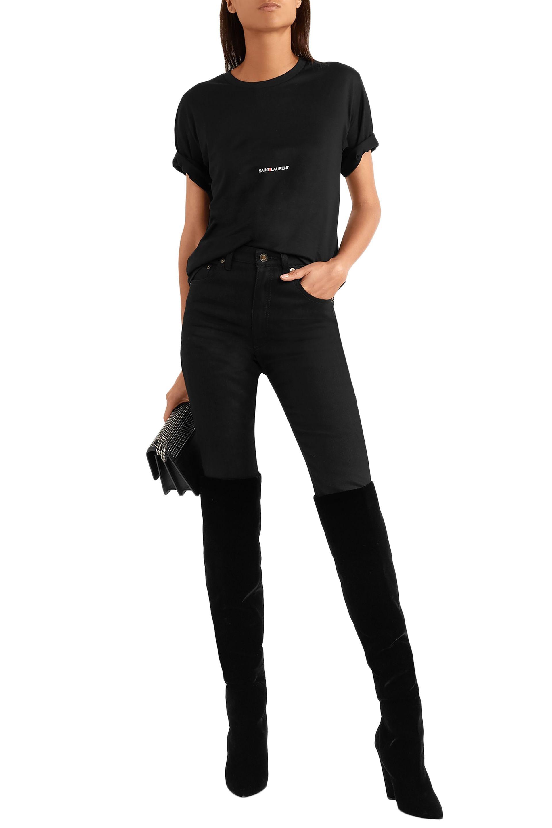 Saint Laurent Leather Niki Black Velvet Over The Knee Boots - Lyst