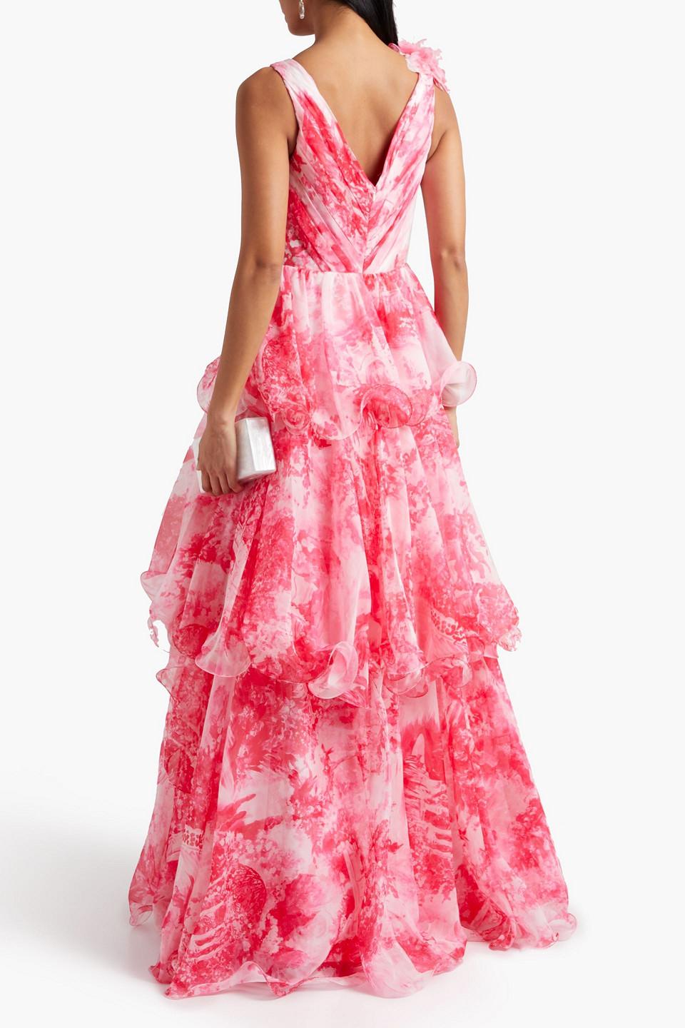 Marchesa Tiered Printed Chiffon Gown in Pink Lyst