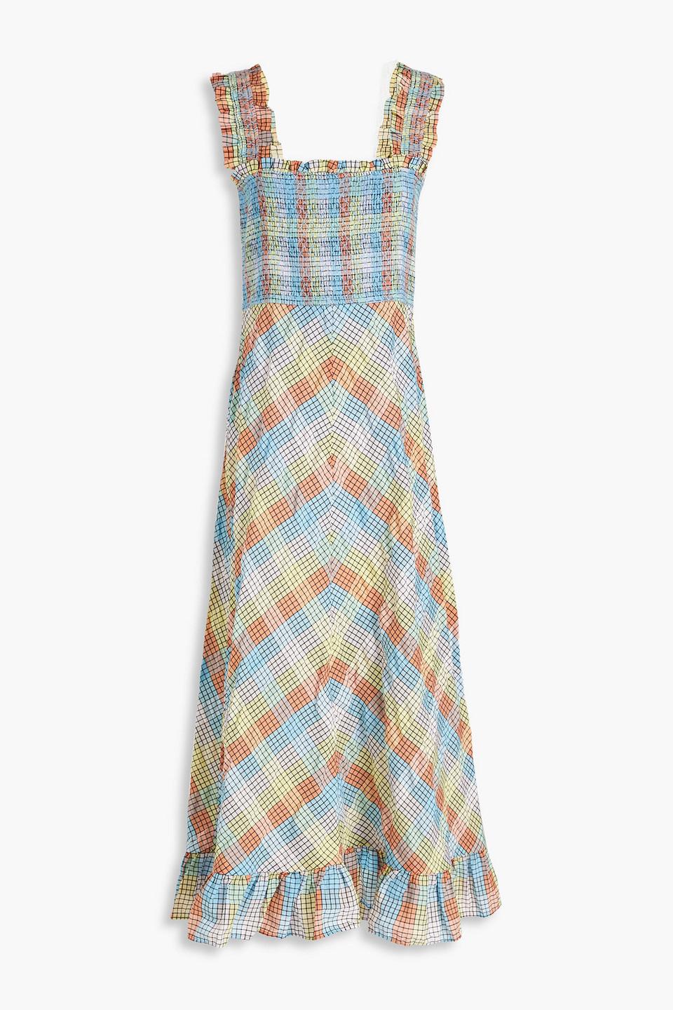 Shirred Checked Cotton-blend Seersucker Dress in Lyst