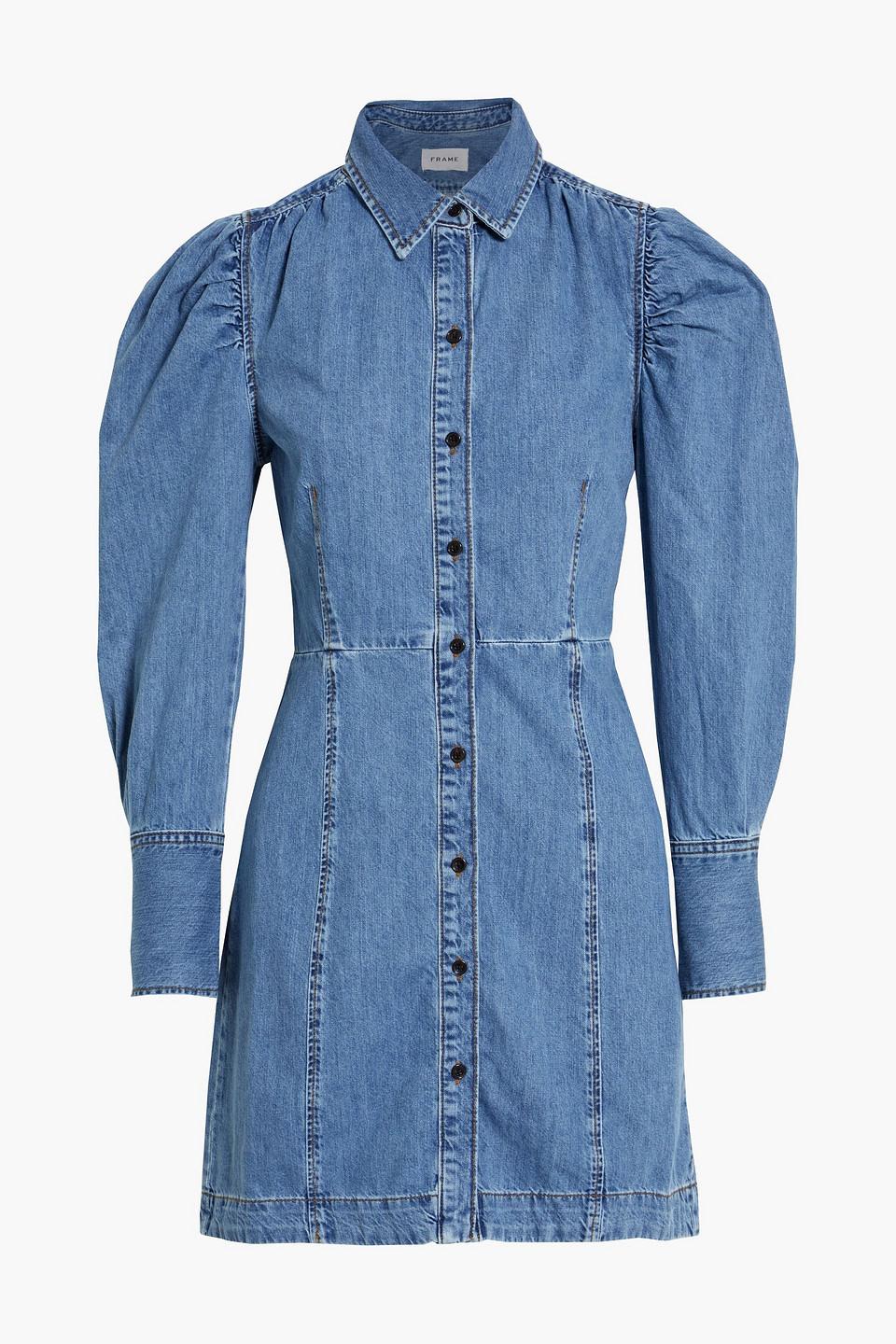 FRAME Ruched Denim Mini Shirt Dress in Blue | Lyst