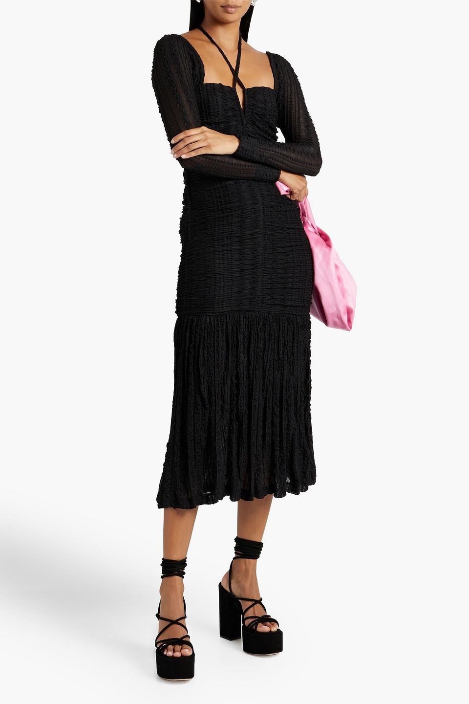 Ganni Ruched Stretch-cloqu Midi Dress in Black | Lyst UK