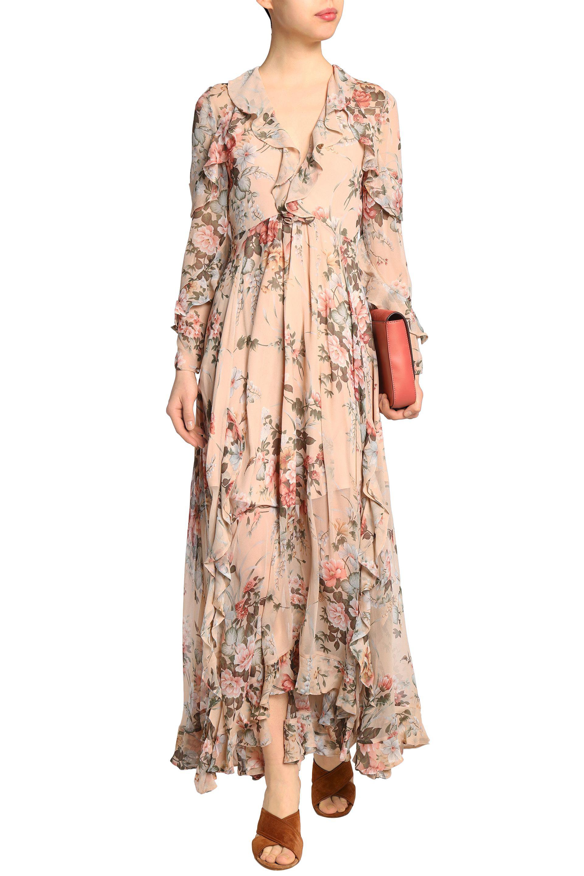 Zimmermann Ruffled Floral Print Silk Georgette Maxi Dress In Blush Pink Lyst