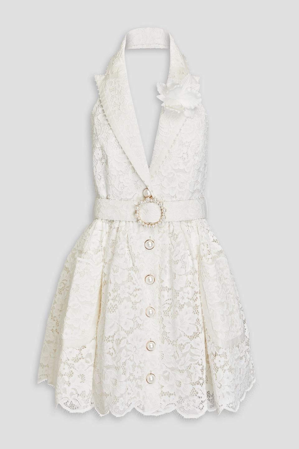 Zimmermann Embellished Corded Lace Halterneck Mini Dress in White | Lyst Zimmermann Embellished Corded Lace Halterneck Mini Dress in White | Lyst