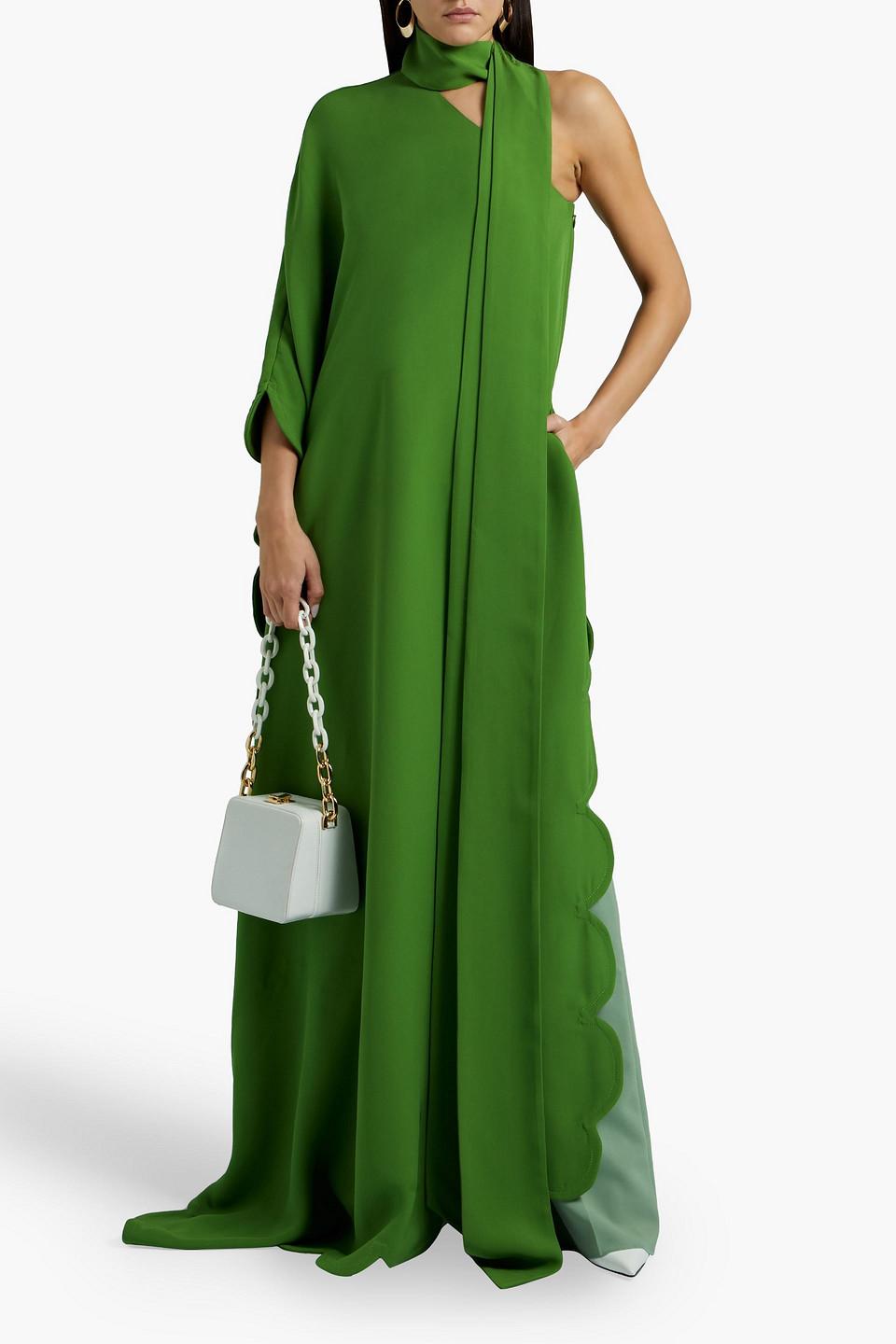Valentino Garavani One-sleeve Scalloped Silk-blend Crepe Gown in Green |  Lyst UK