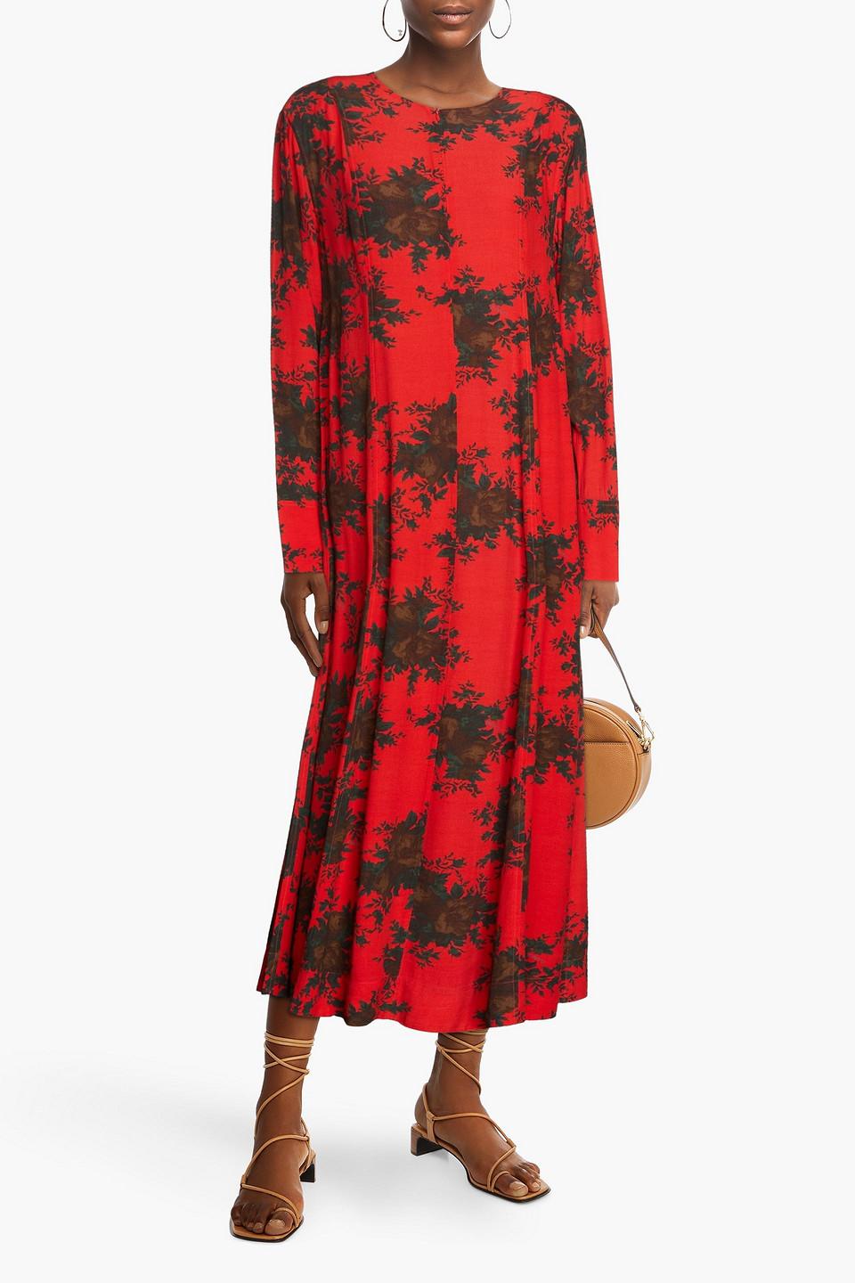 omvatten voorbeeld paneel Ganni Floral-print Crepe Midi Dress in Red | Lyst