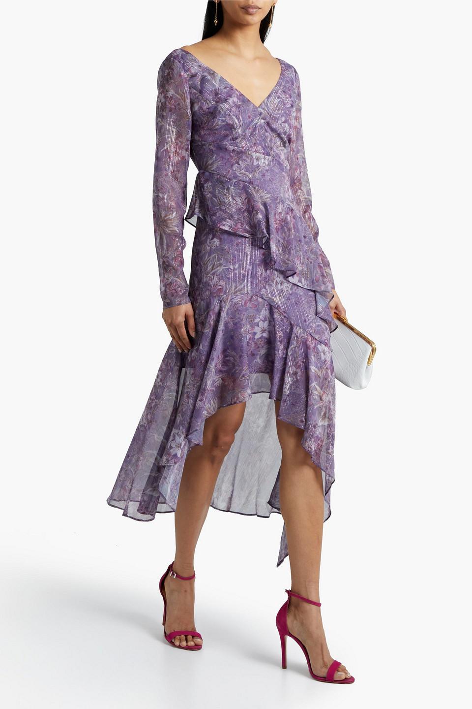 Marchesa notte Asymmetric Metallic Floral-print Chiffon Dress in Purple |  Lyst