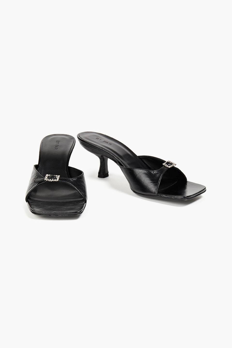 BY FAR Erin Embellished Glossed Textured-leather Mules in Black | Lyst
