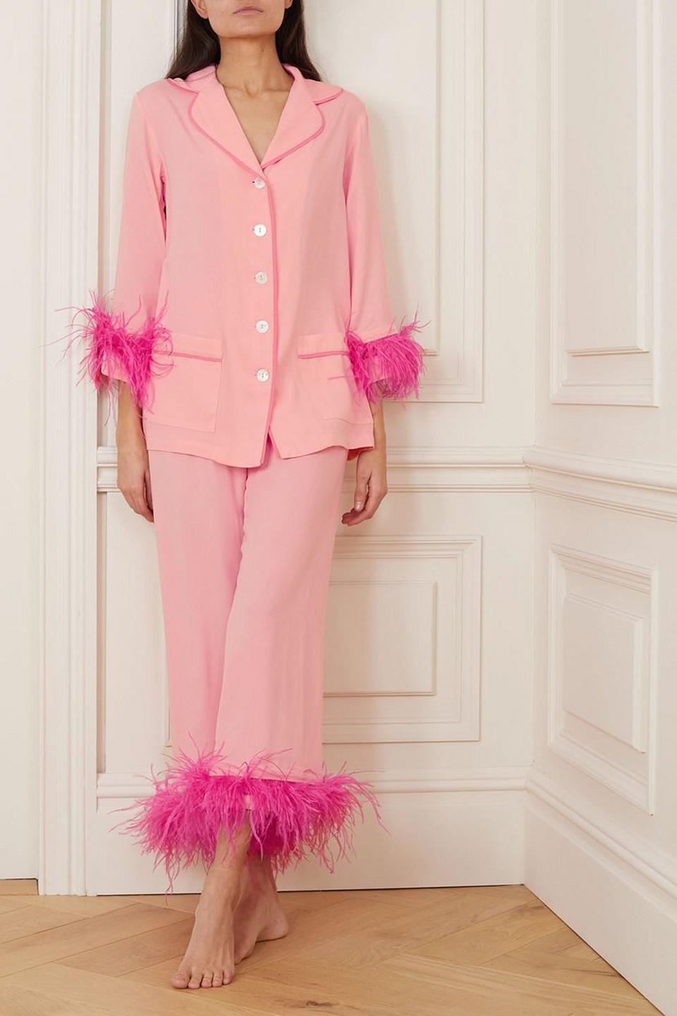 Party Pajamas Sleeper Silk Pajamas Feather Trimmed Party Pajama - Main Image