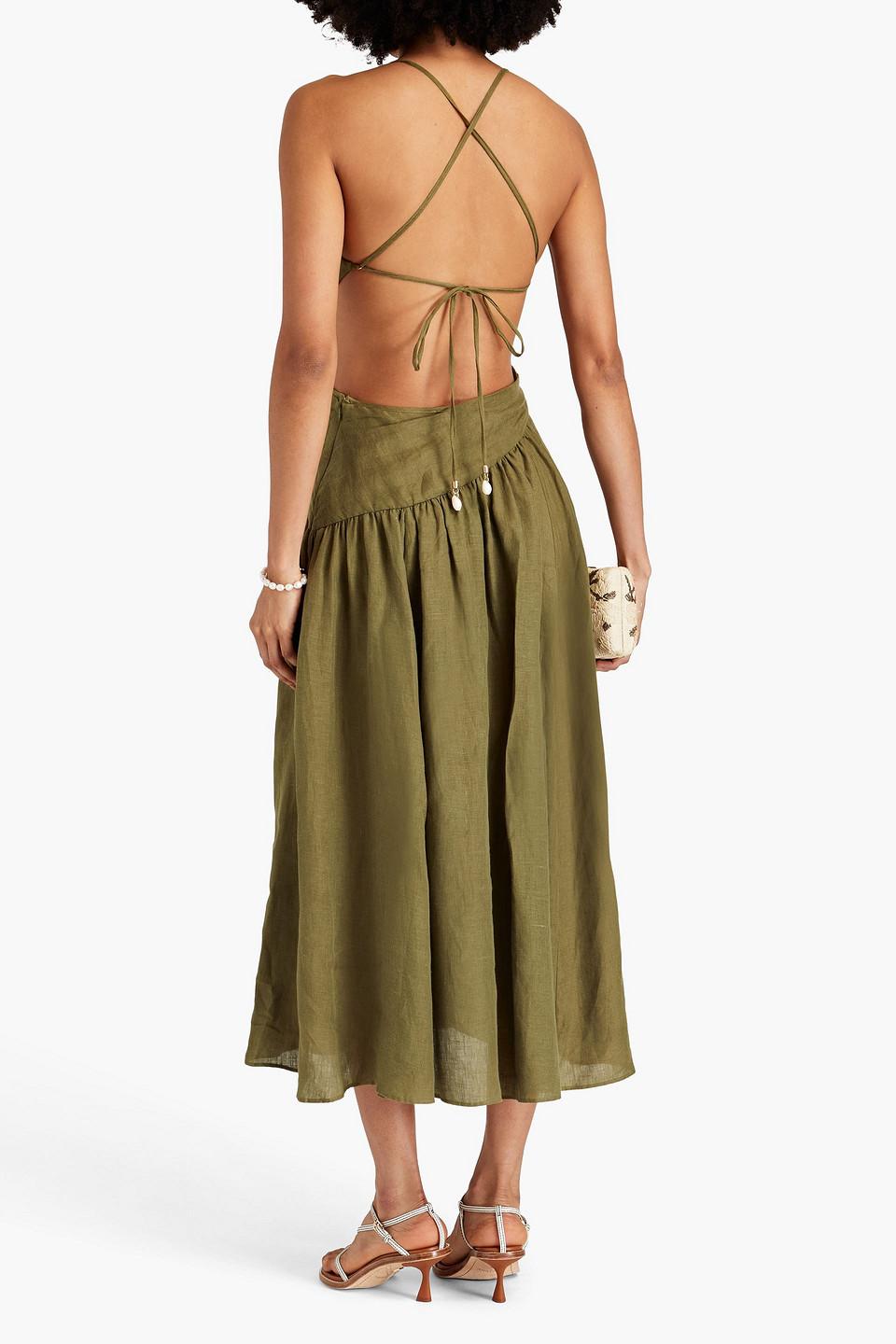 Zimmermann Cutout Linen Midi Dress in Green | Lyst