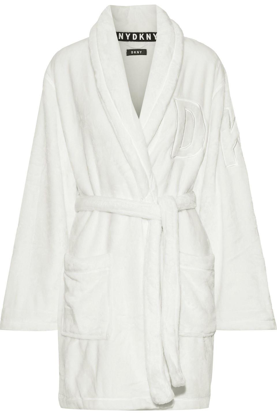 DKNY Embroidered Fleece Hooded Robe Ivory in White - Lyst
