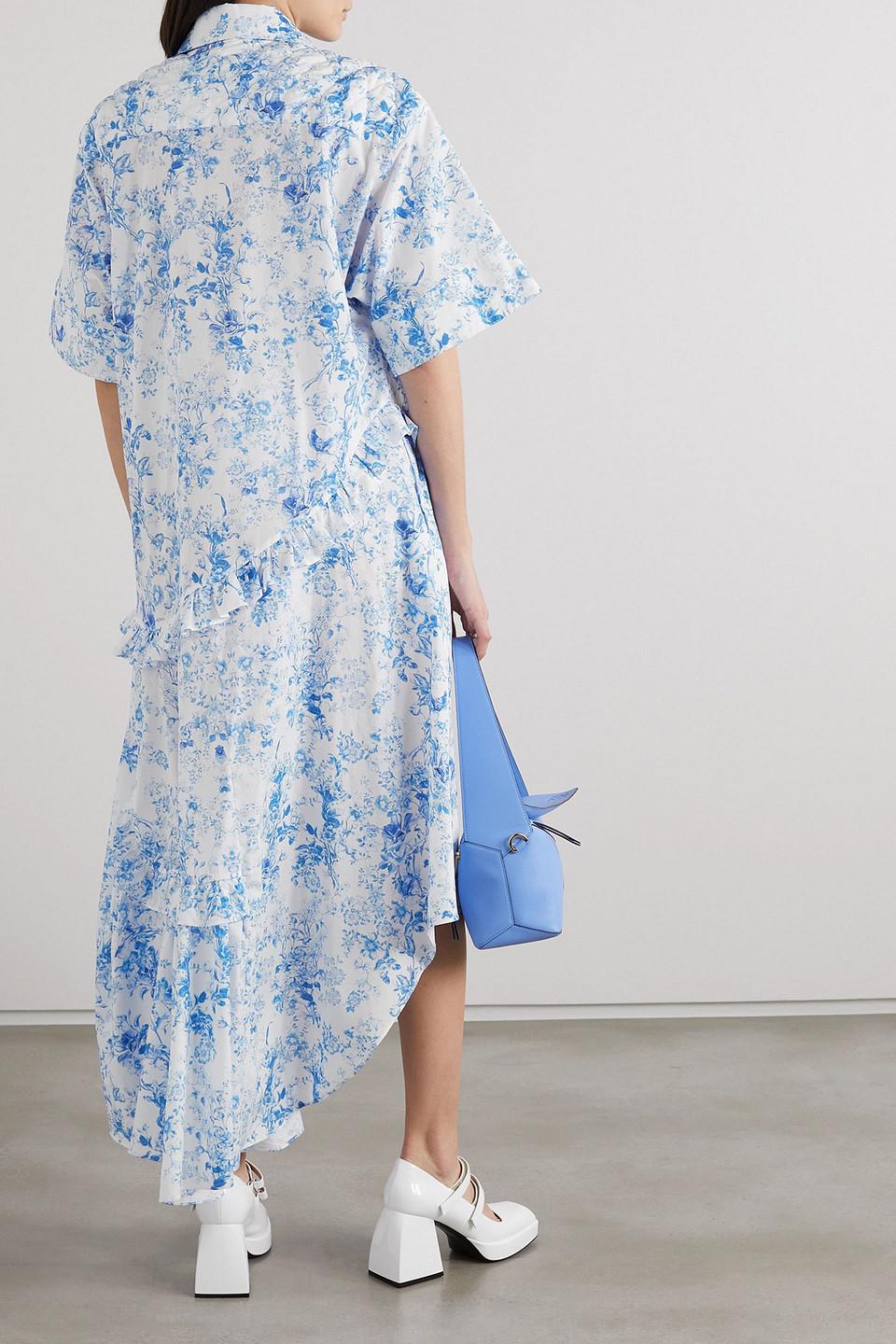 Preen By Thornton Bregazzi Atreides Asymmetric Ruffled Floral print Cotton poplin Shirt Dress in Blue Lyst UK