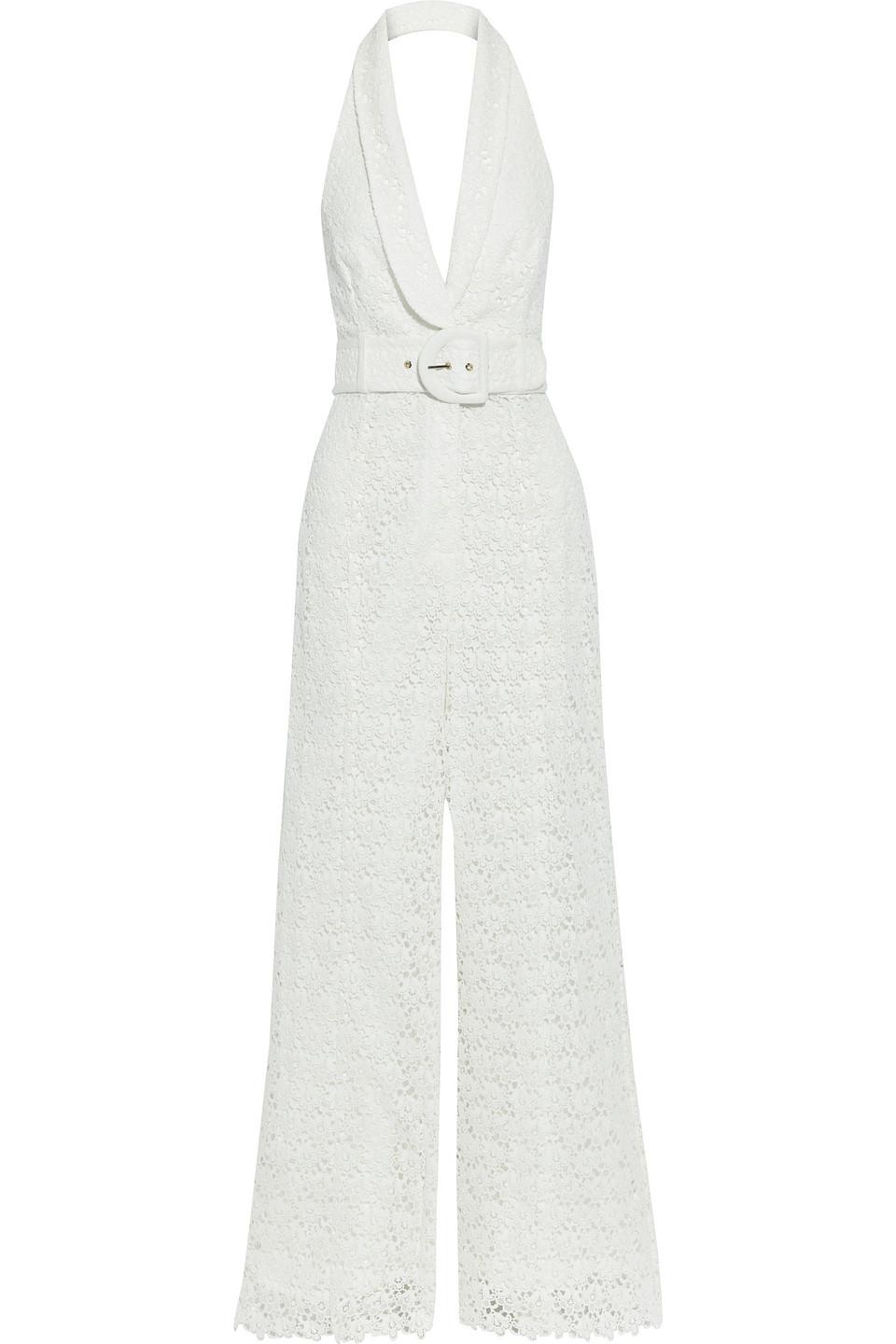 Zimmermann Super Eight Belted Guipure Lace Halterneck Jumpsuit in