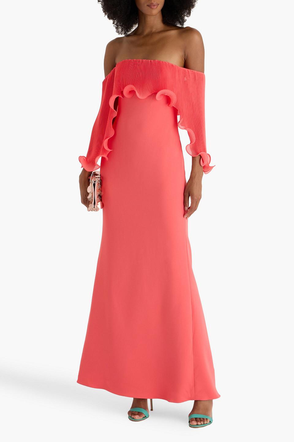 badgley mischka red ruffle dress Badgley Mischka One-Shoulder Women's Mermaid Gown with Velvet Bodice and Bishop Sleeves in Poppy Red