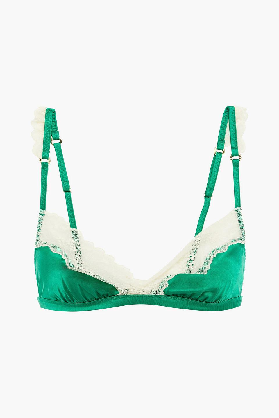 Stella McCartney Kitty Catching Lace-trimmed Stretch-silk Satin Soft-cup  Triangle Bra in Green