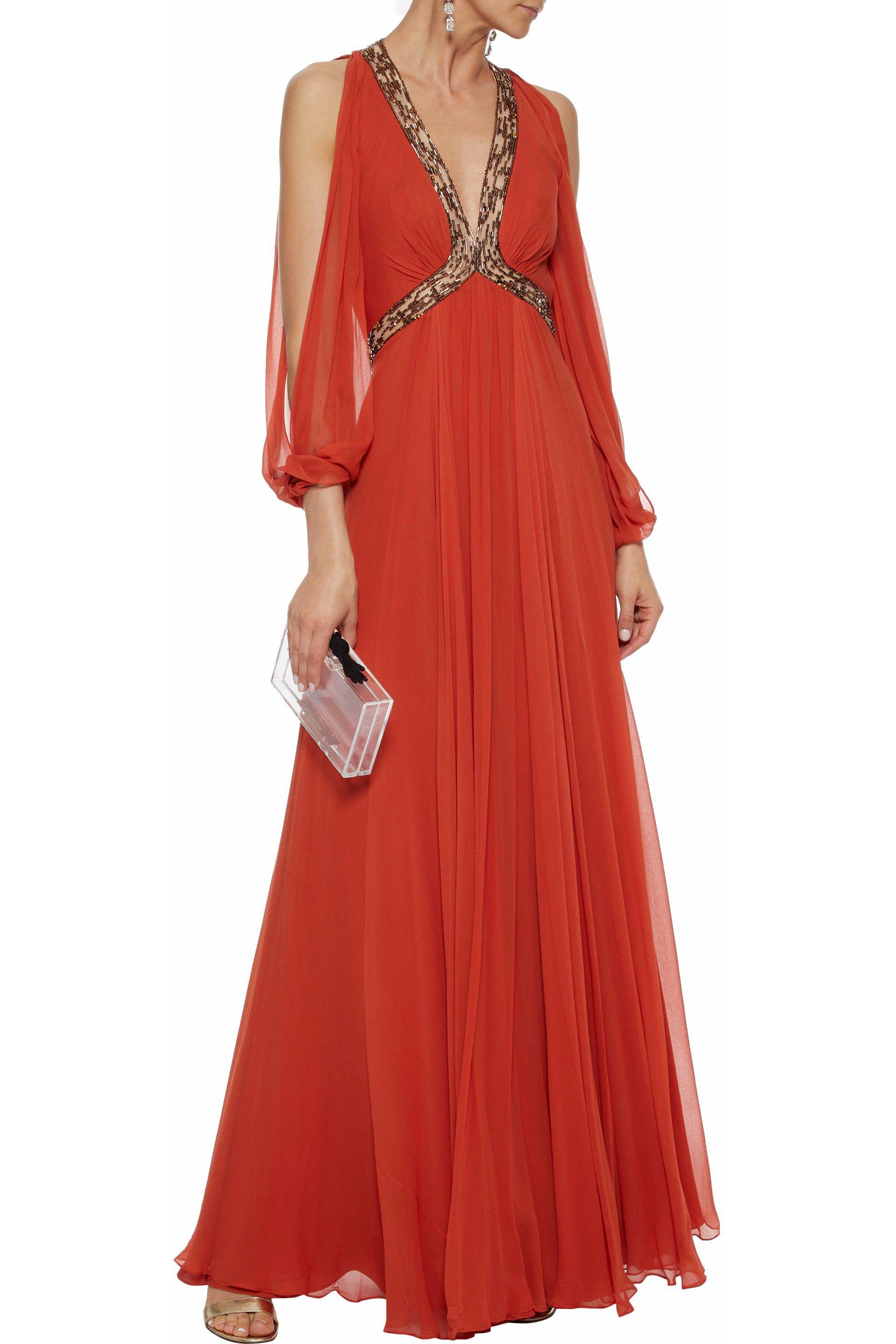 Jenny Packham Open Back Beaded Tulle Paneled Silk Crepe De Chine
