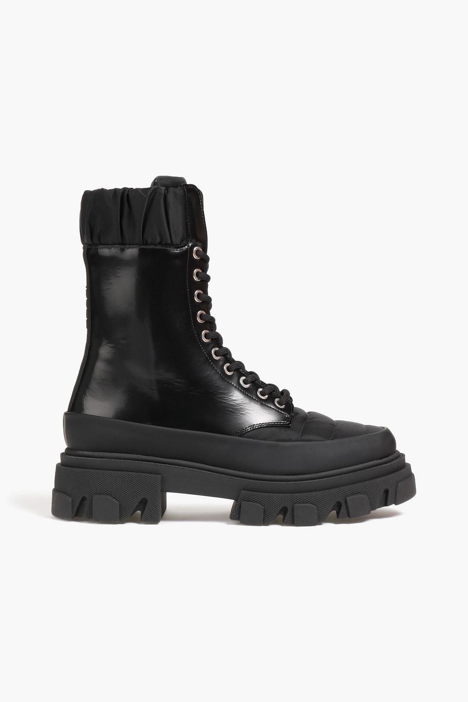 Ganni Quilted Shell And Leather Combat Boots in Black | Lyst