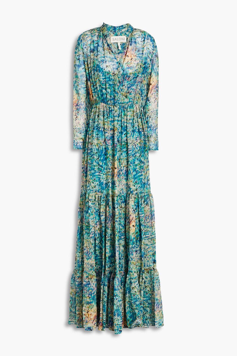 Saloni Alexia Tiered Printed Silk-chiffon Maxi Dress in Blue | Lyst