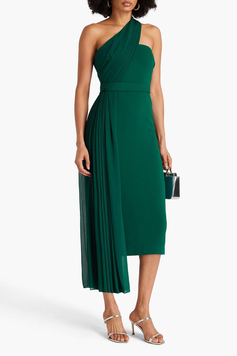Badgley Mischka One-shoulder Draped Georgette And Stretch-crepe Midi Dress  in Green | Lyst