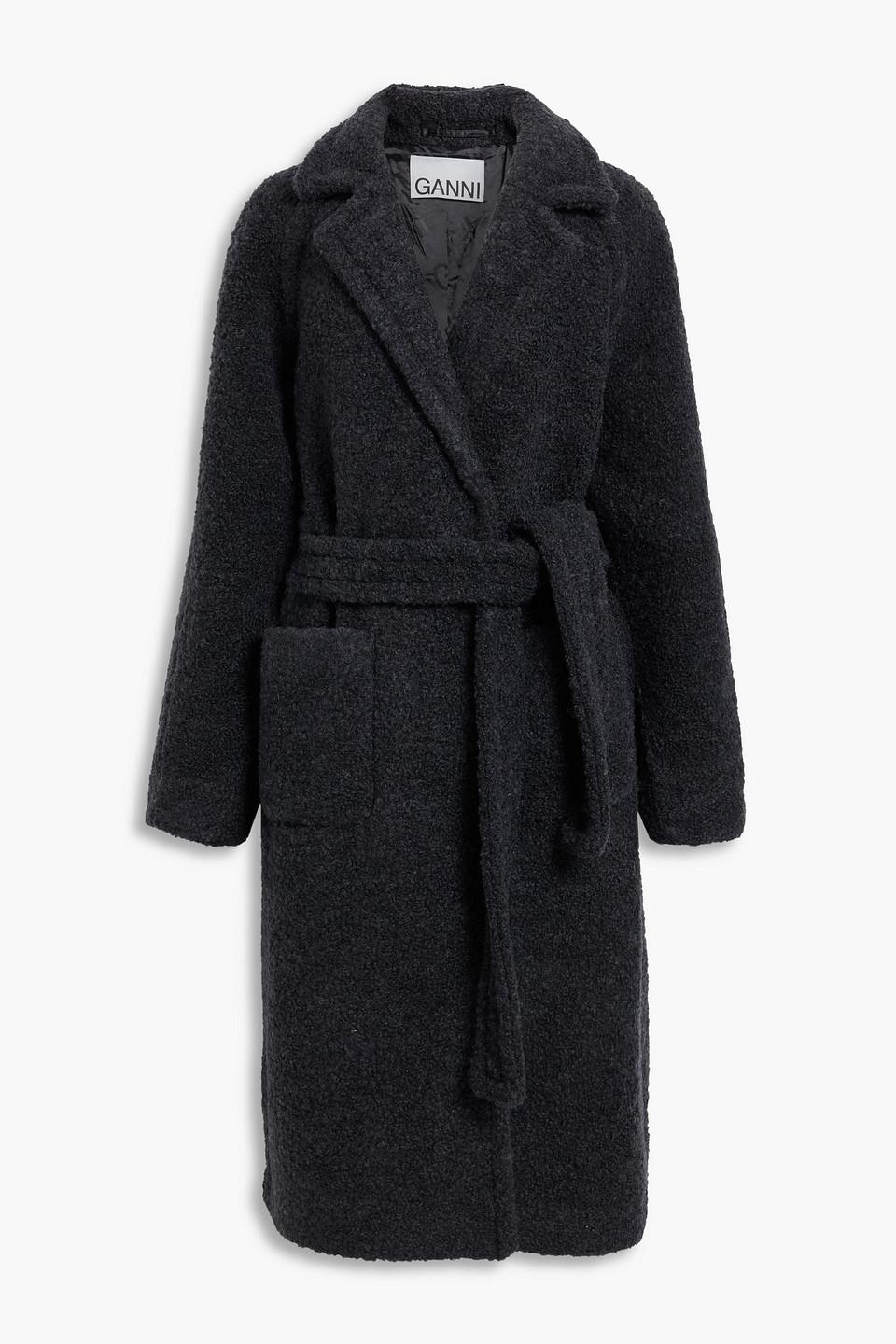 ganni double breasted belted wool blend bouclé coat