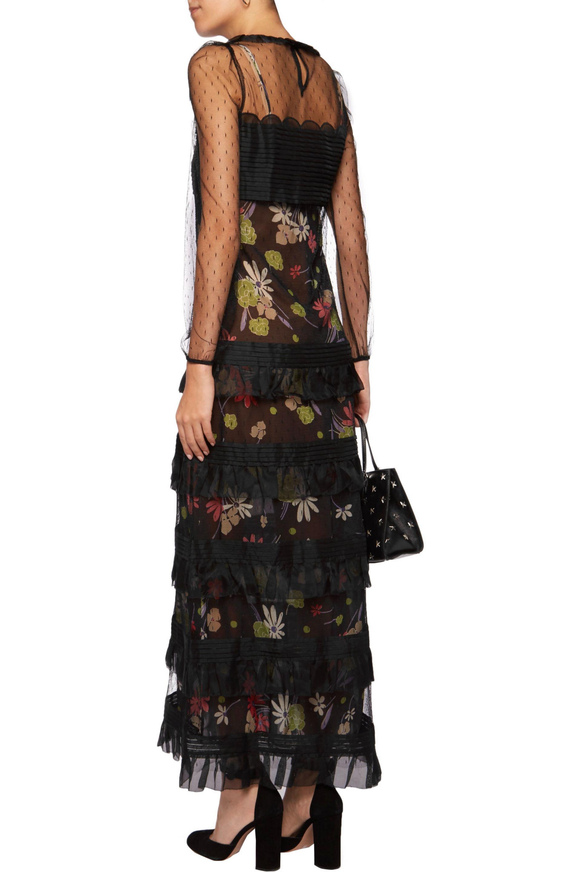 RED Valentino Point D'esprit-paneled Tiered Floral-print Chiffon Maxi ...