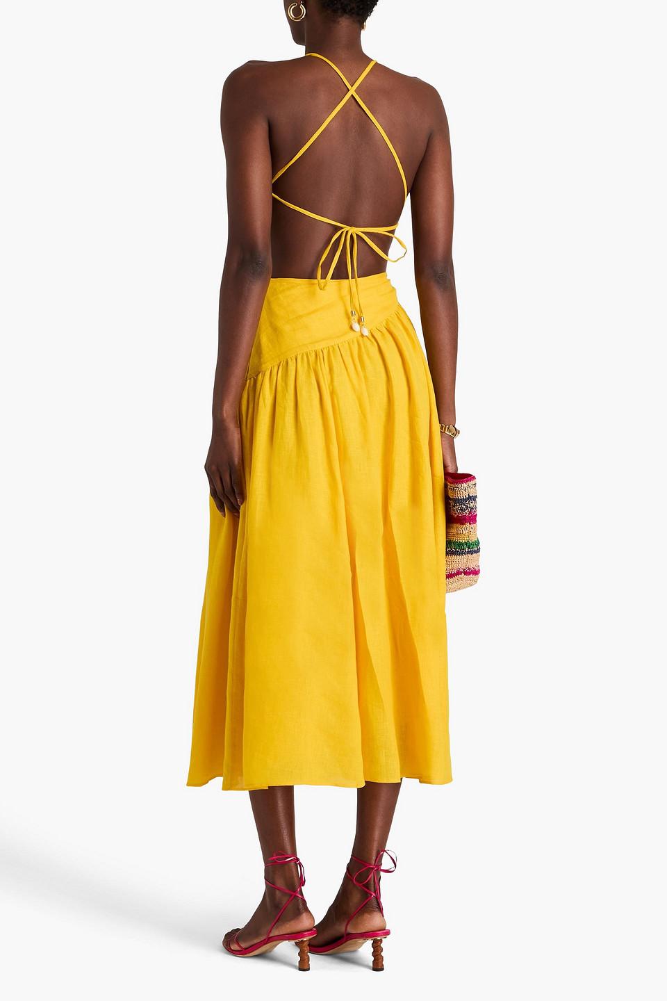 Zimmermann Cutout Linen Midi Dress in Yellow | Lyst