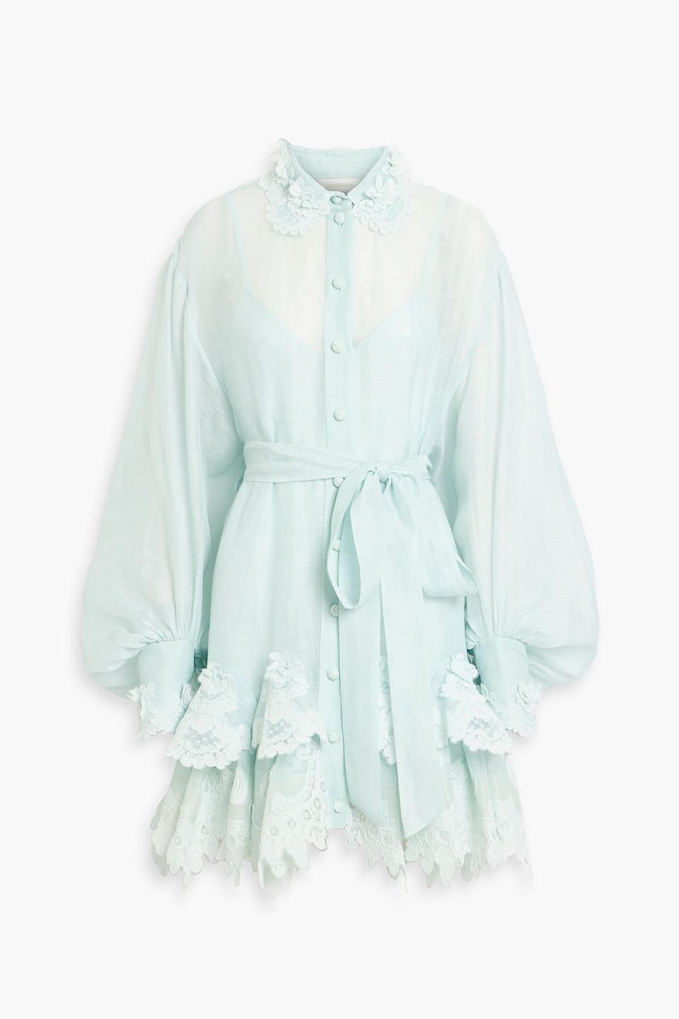 Zimmermann Lace-Trimmed Linen And Silk-Blend Gauze Mini Shirt Dress in Blue  | Lyst