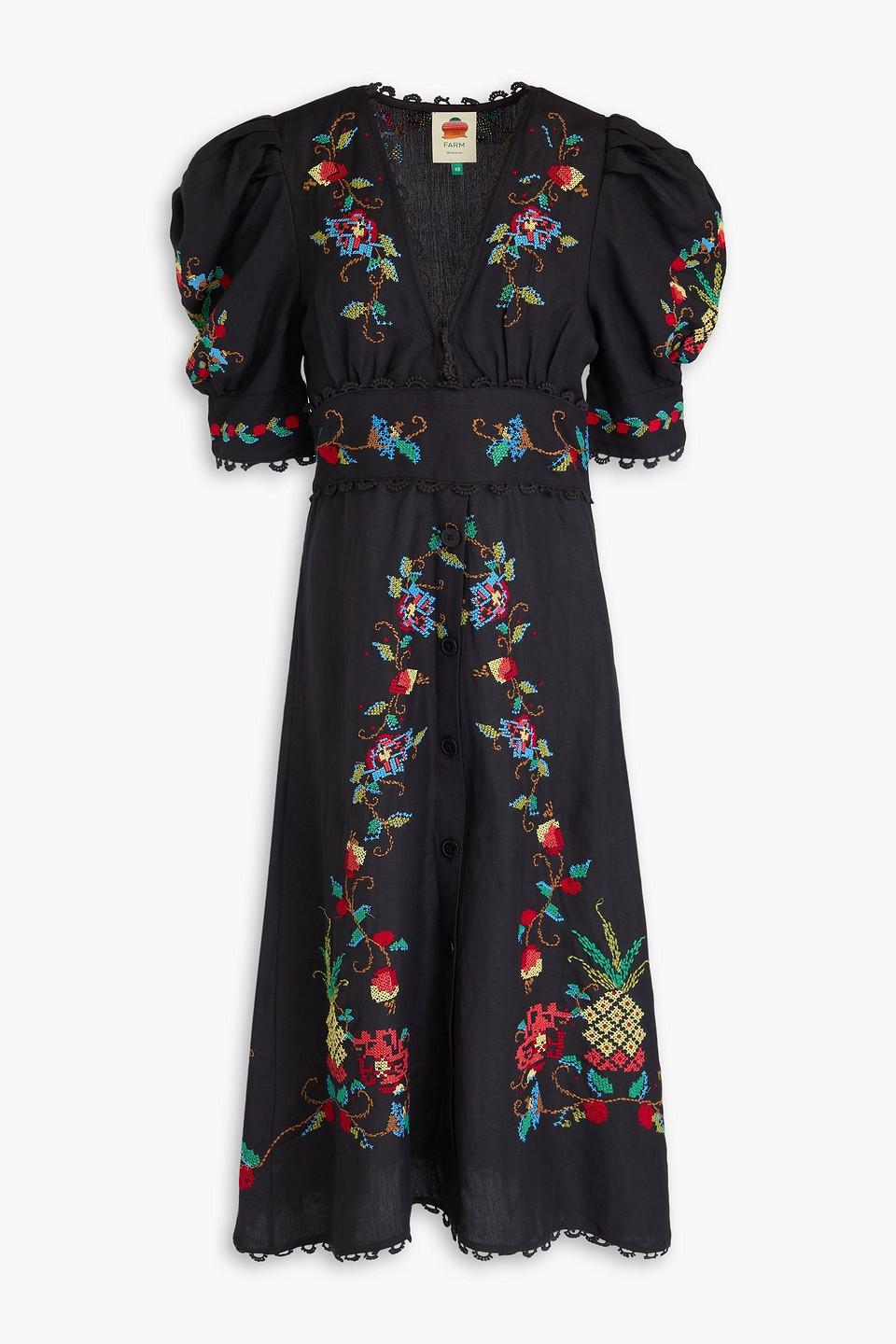 green emerald velvet dress Farm Rio Black Embroidered Flowers Long Sleeve Mini Dress main image 1