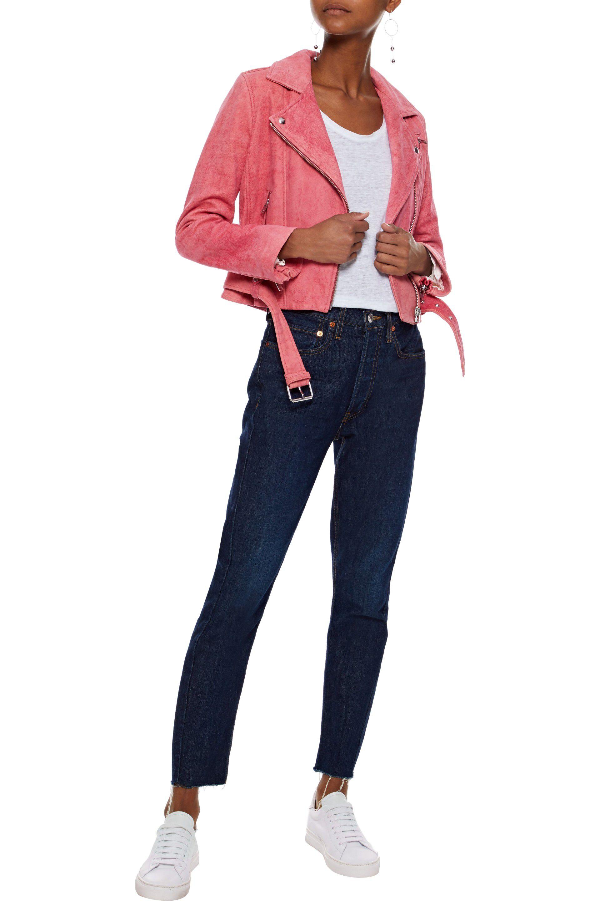 Women S Layered Cotton And Suede Hooded Biker Jacket Pink