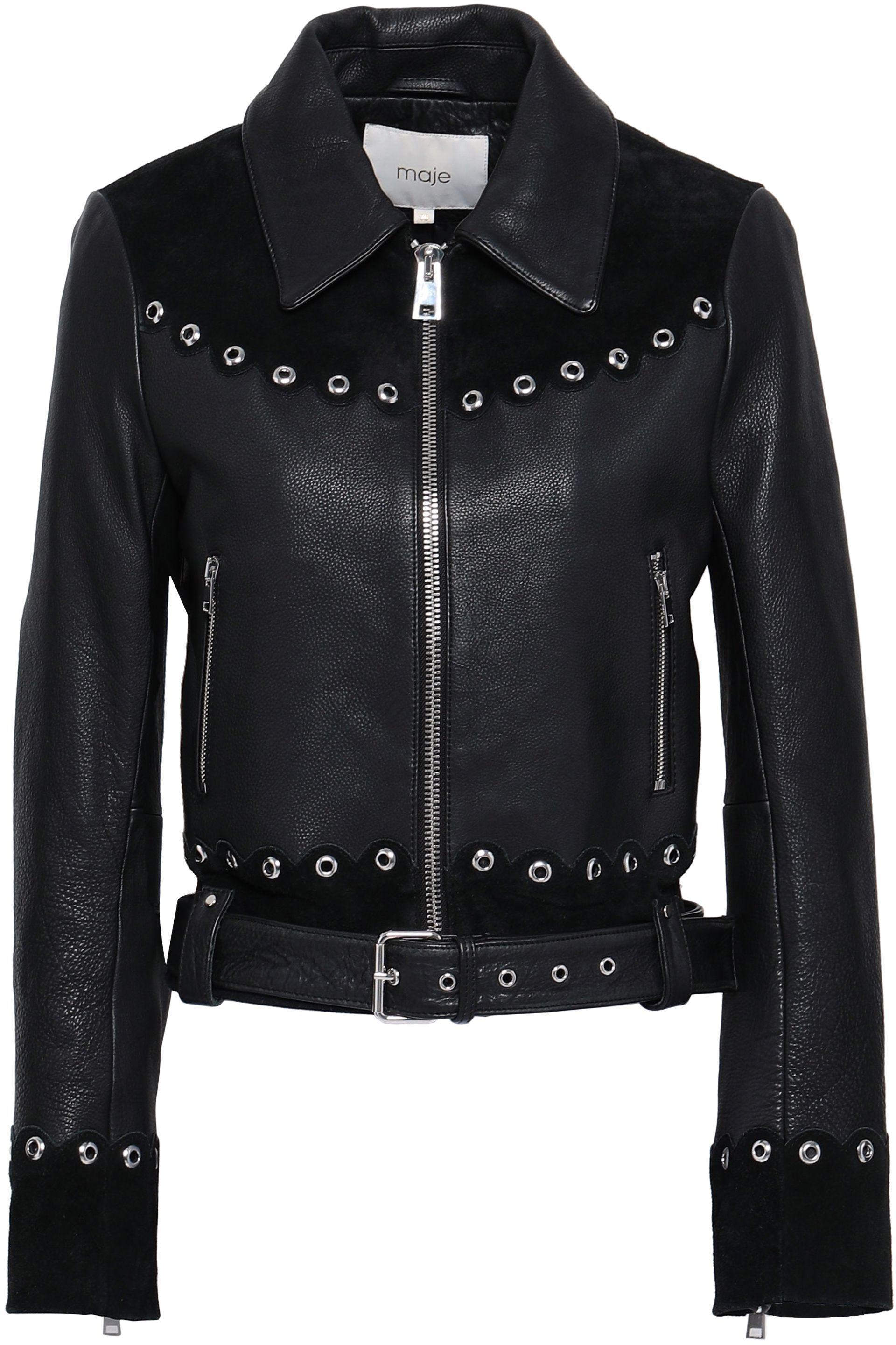 Maje Eyelet-embellished Suede-paneled Leather Biker Jacket Black - Lyst