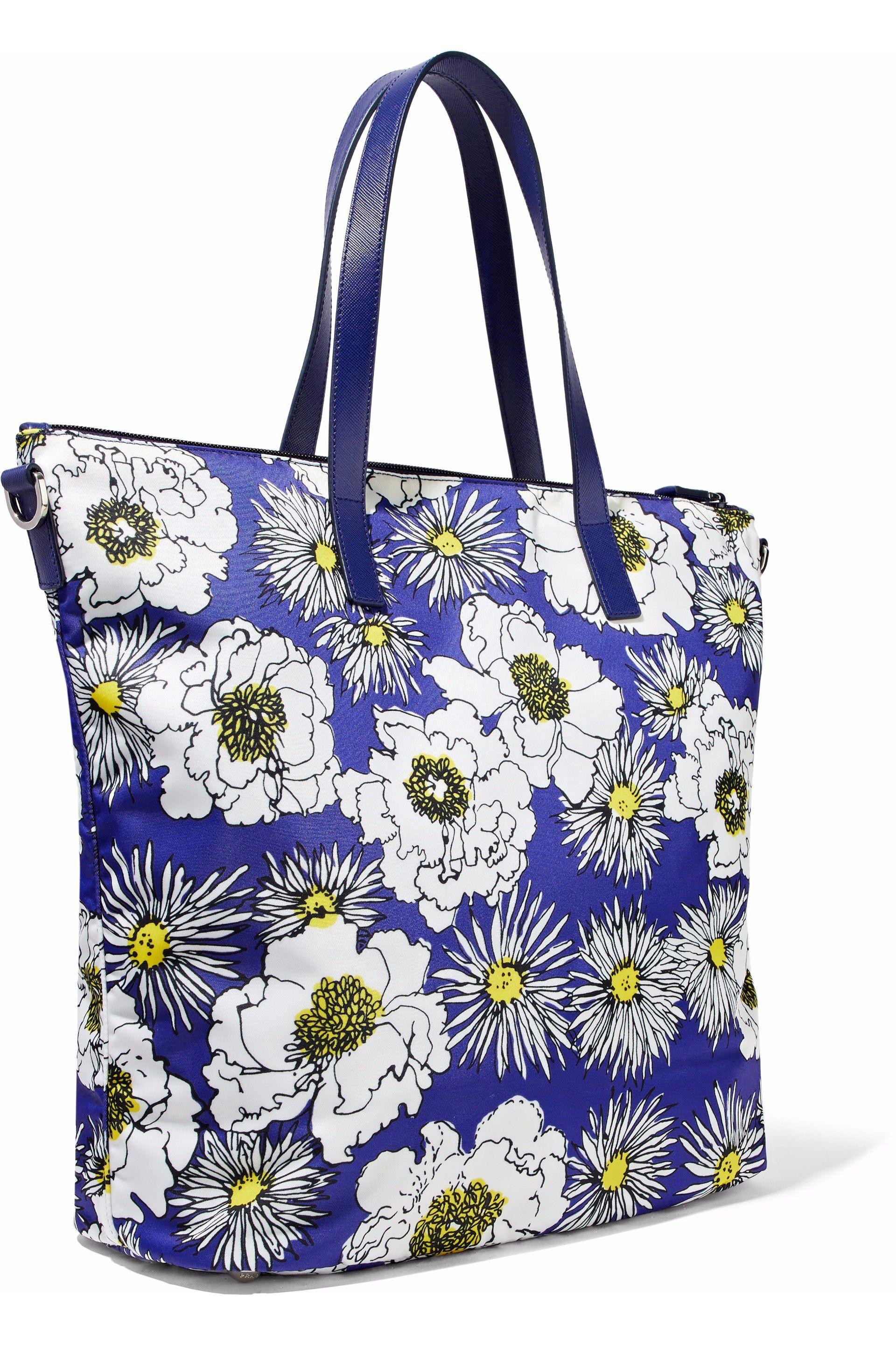 Prada Leather Floral Tote Bag in Blue Floral (Blue) | Lyst