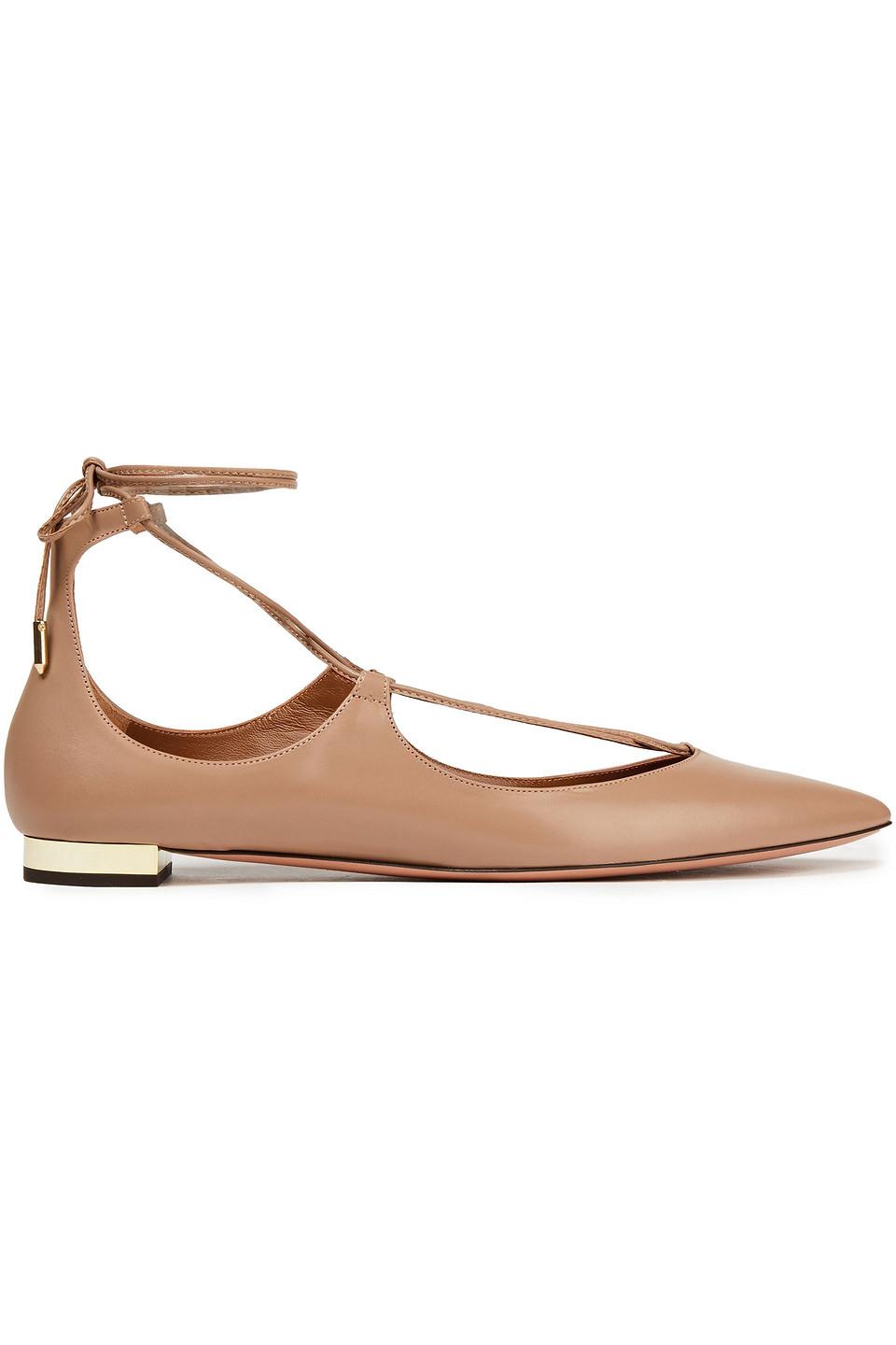 Aquazzura Christy Lace Up Leather Point Toe Flats In Sand Brown Lyst