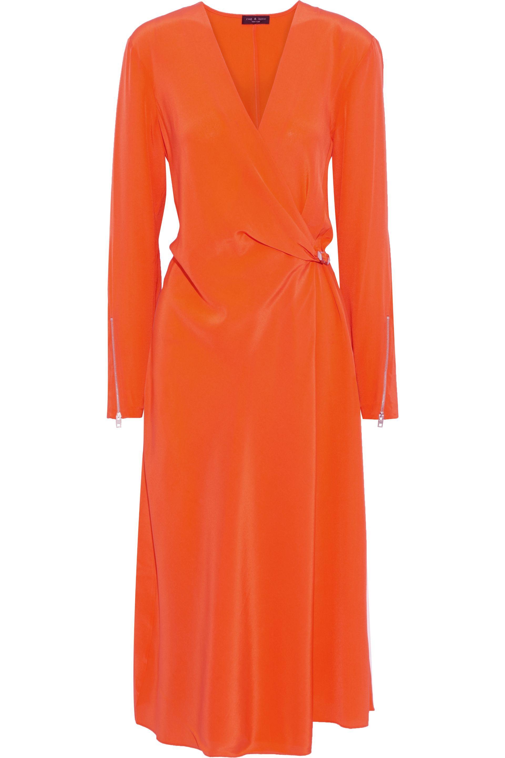 Rag & Bone Odette Long-sleeve Silk Wrap Dress in Bright Orange (Orange ...